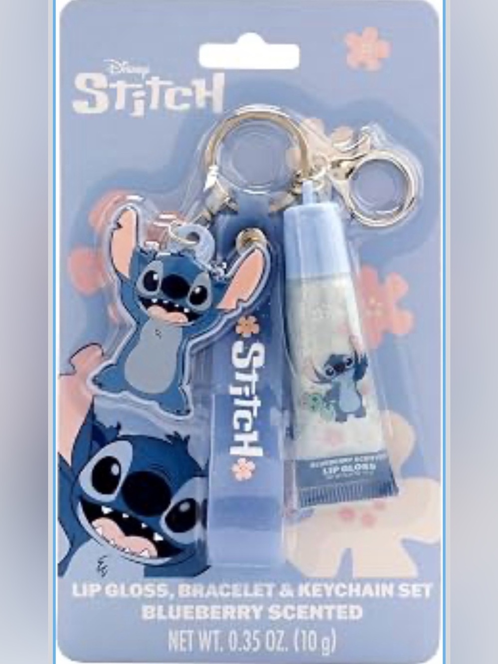 Disney Stitch 3 Piece Lip Gloss, Bracelet, & Keychain Set Blueberry Scented